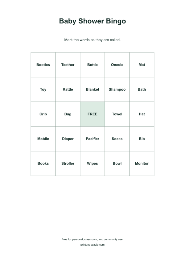 Baby Shower bingo cards printable worksheet preview