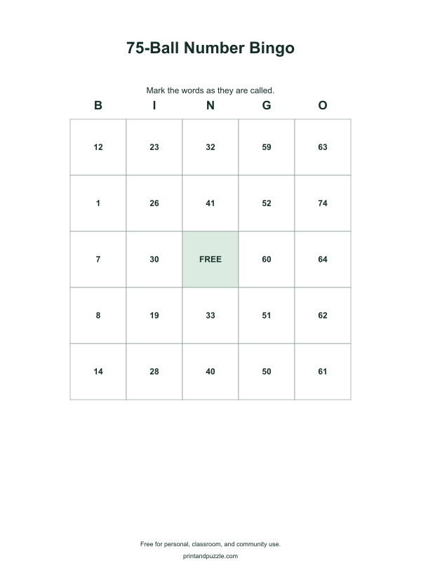 75-Ball Number bingo cards printable worksheet preview