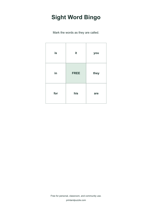 Sight Word bingo cards printable worksheet preview