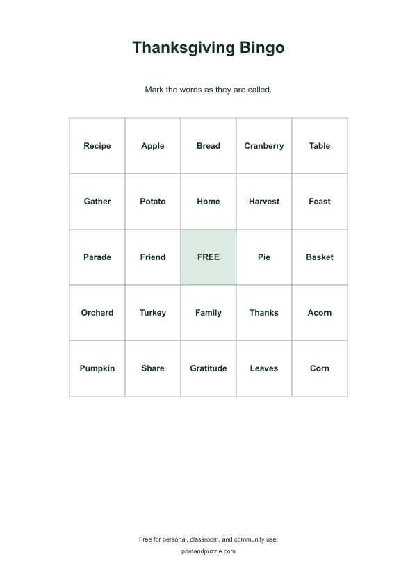 Thanksgiving bingo cards printable worksheet preview