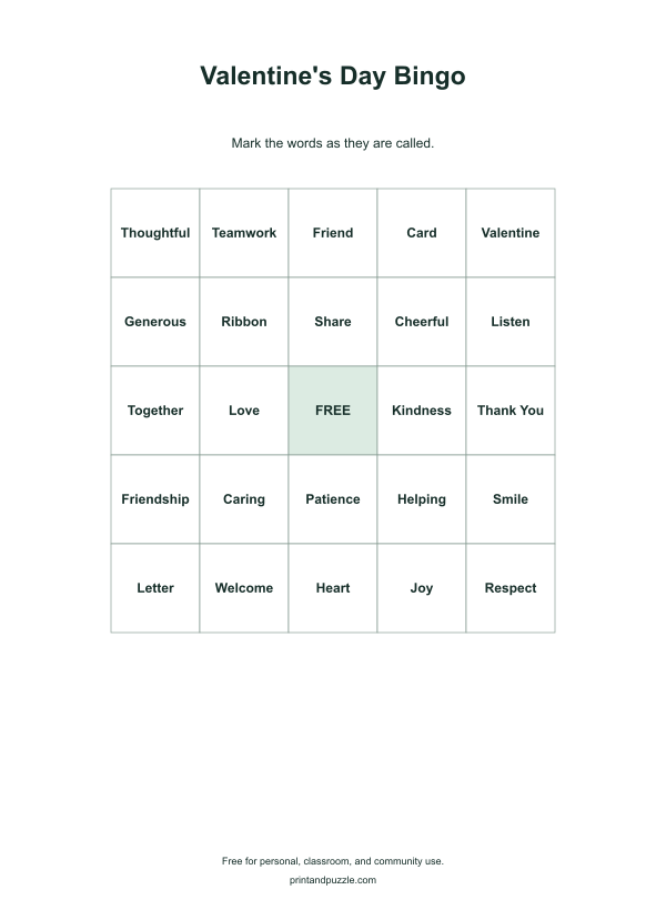 Valentine's Day bingo cards printable worksheet preview
