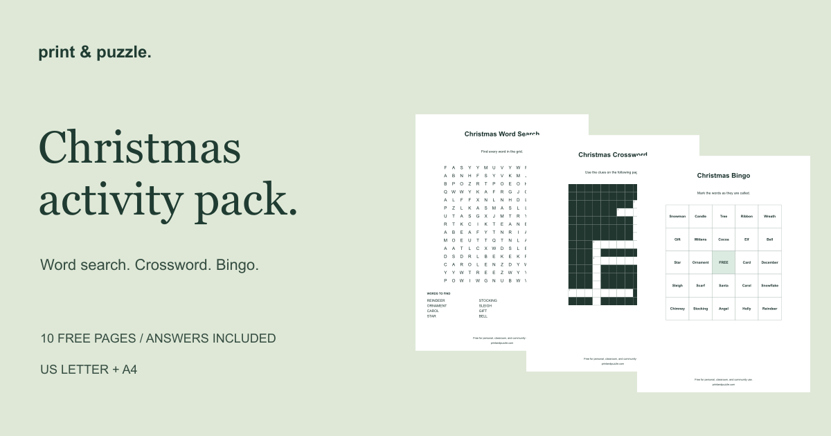 Christmas word search, crossword, and bingo printable pack preview