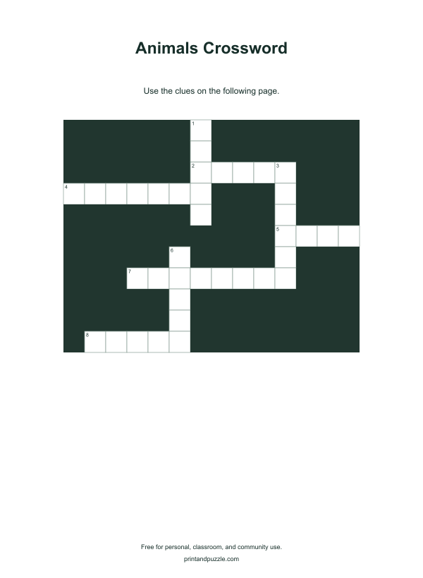 Animals crosswords printable preview