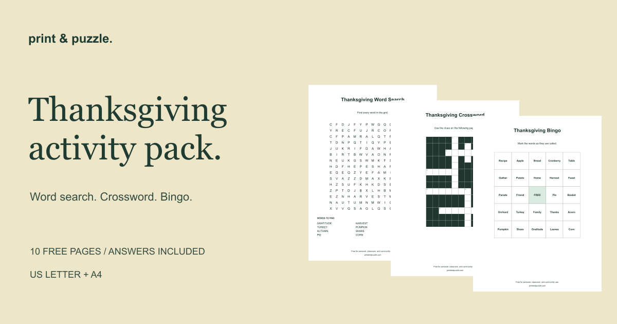 Thanksgiving word search, crossword, and bingo printable pack preview