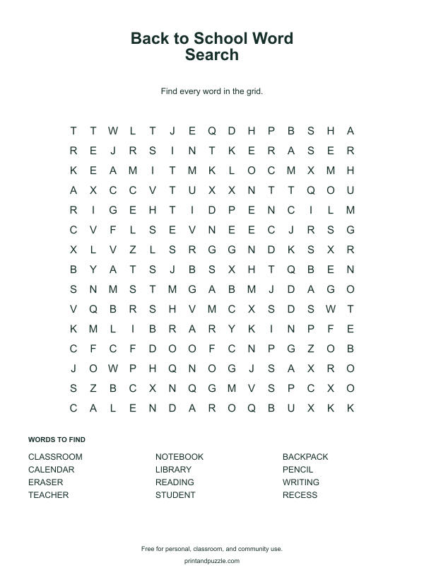 Back to School word searches printable worksheet preview