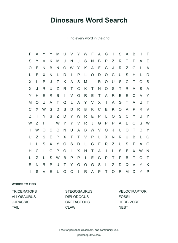 Dinosaurs word searches printable worksheet preview