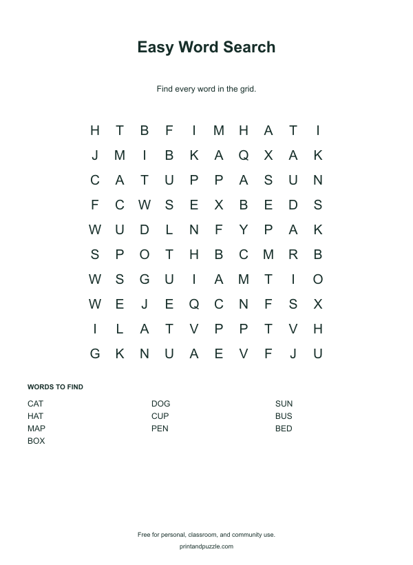 Easy word searches printable worksheet preview