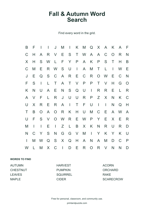 Fall & Autumn word searches printable worksheet preview