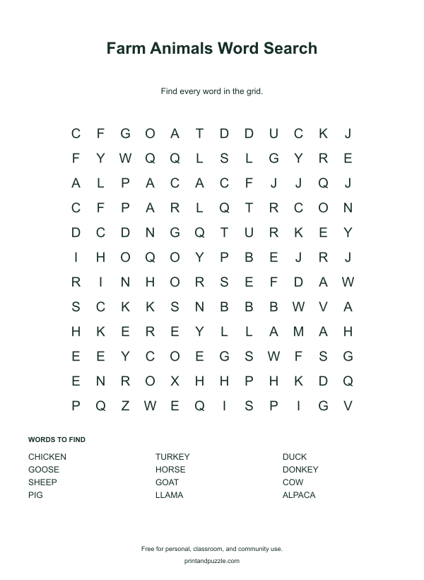 Farm Animals word searches printable worksheet preview