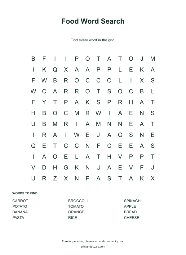 Food word searches printable worksheet preview