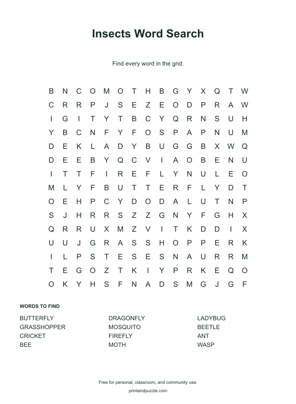 Insects word searches printable worksheet preview