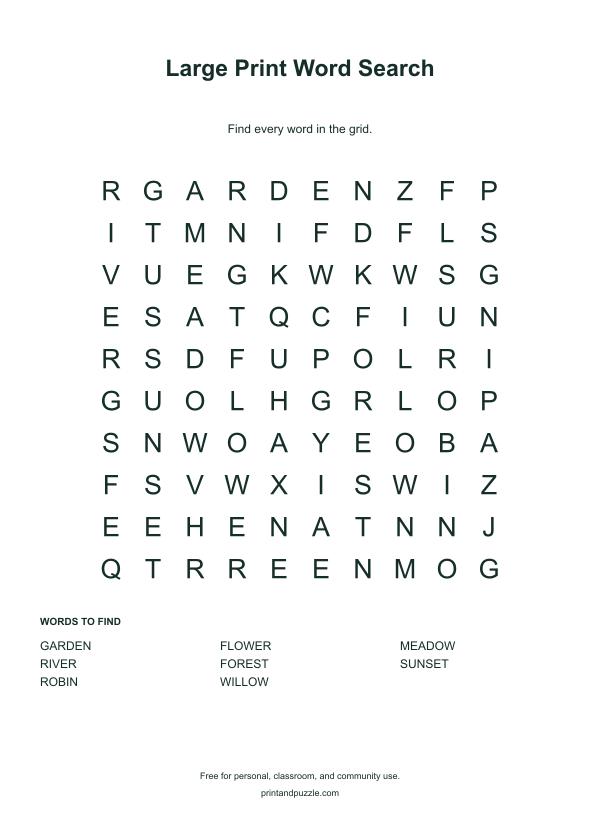 Large Print word searches printable worksheet preview
