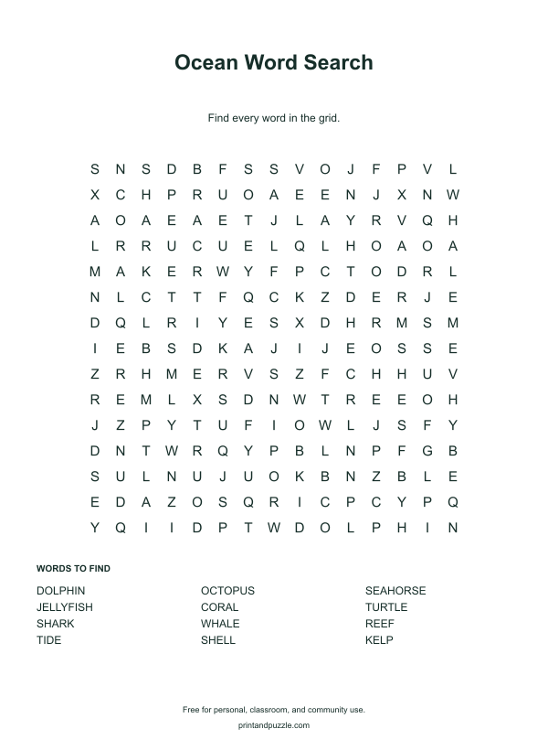 Ocean word searches printable worksheet preview