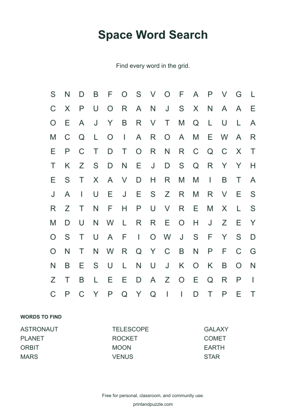 Space word searches printable worksheet preview