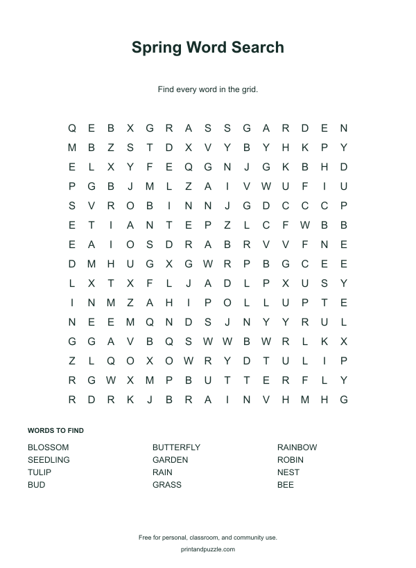 Spring word searches printable worksheet preview