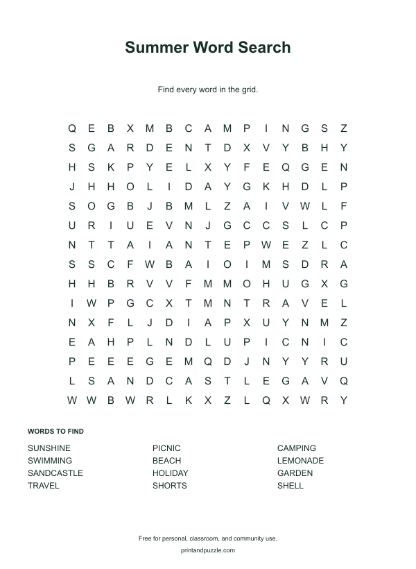 Summer word searches printable worksheet preview