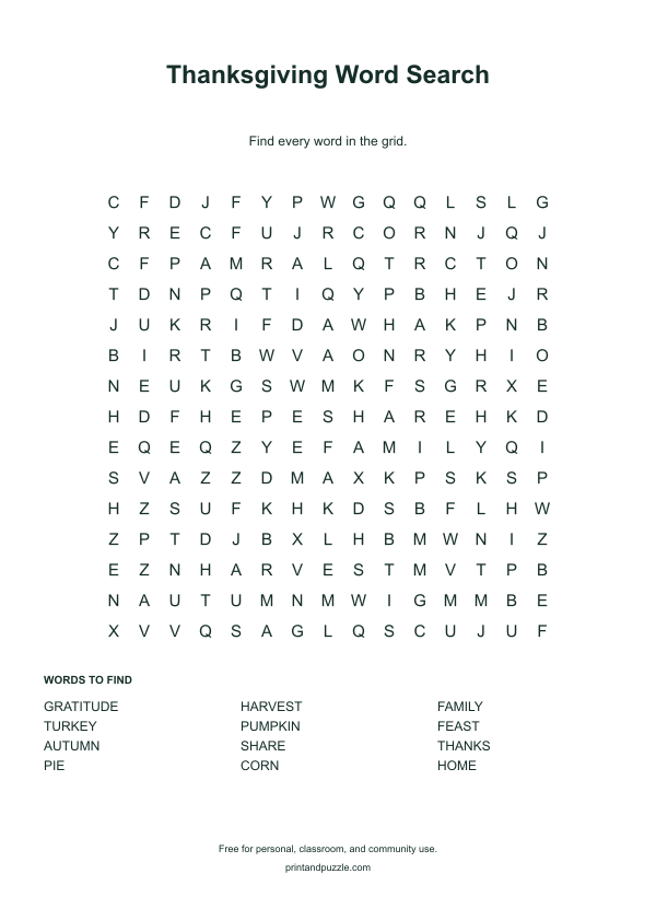 Thanksgiving word searches printable worksheet preview