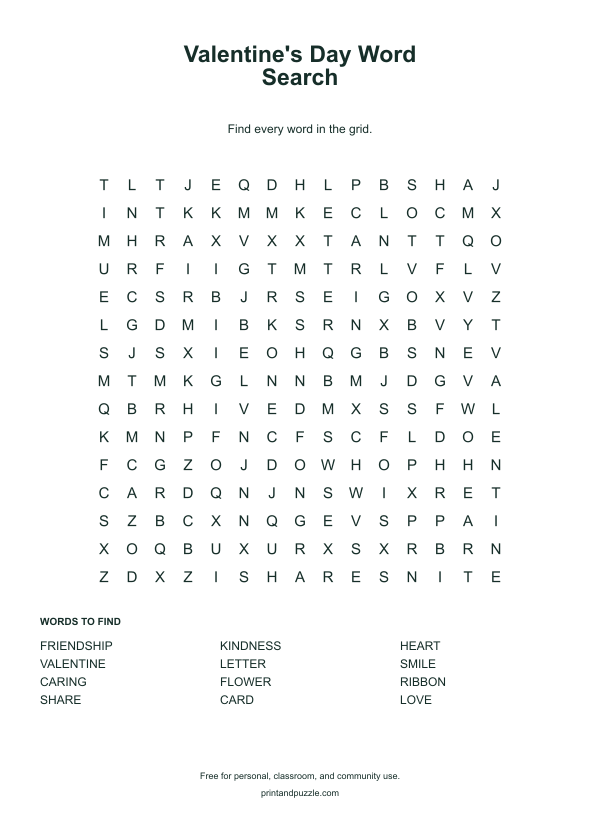 Valentine's Day word searches printable worksheet preview
