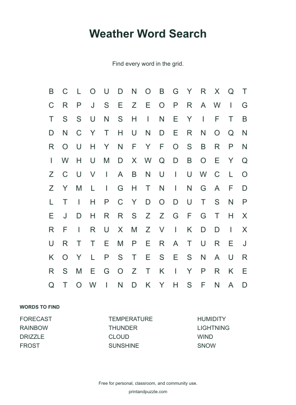 Weather word searches printable worksheet preview