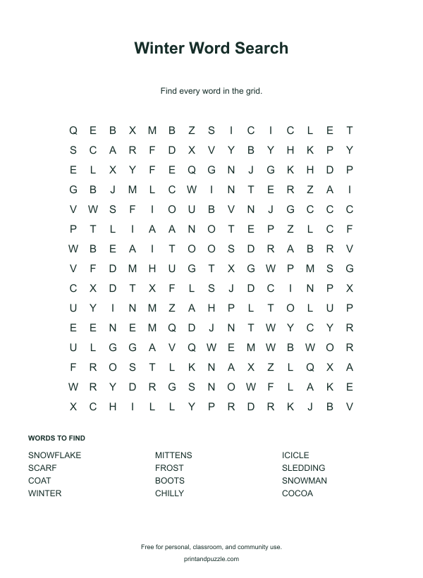 Winter word searches printable worksheet preview